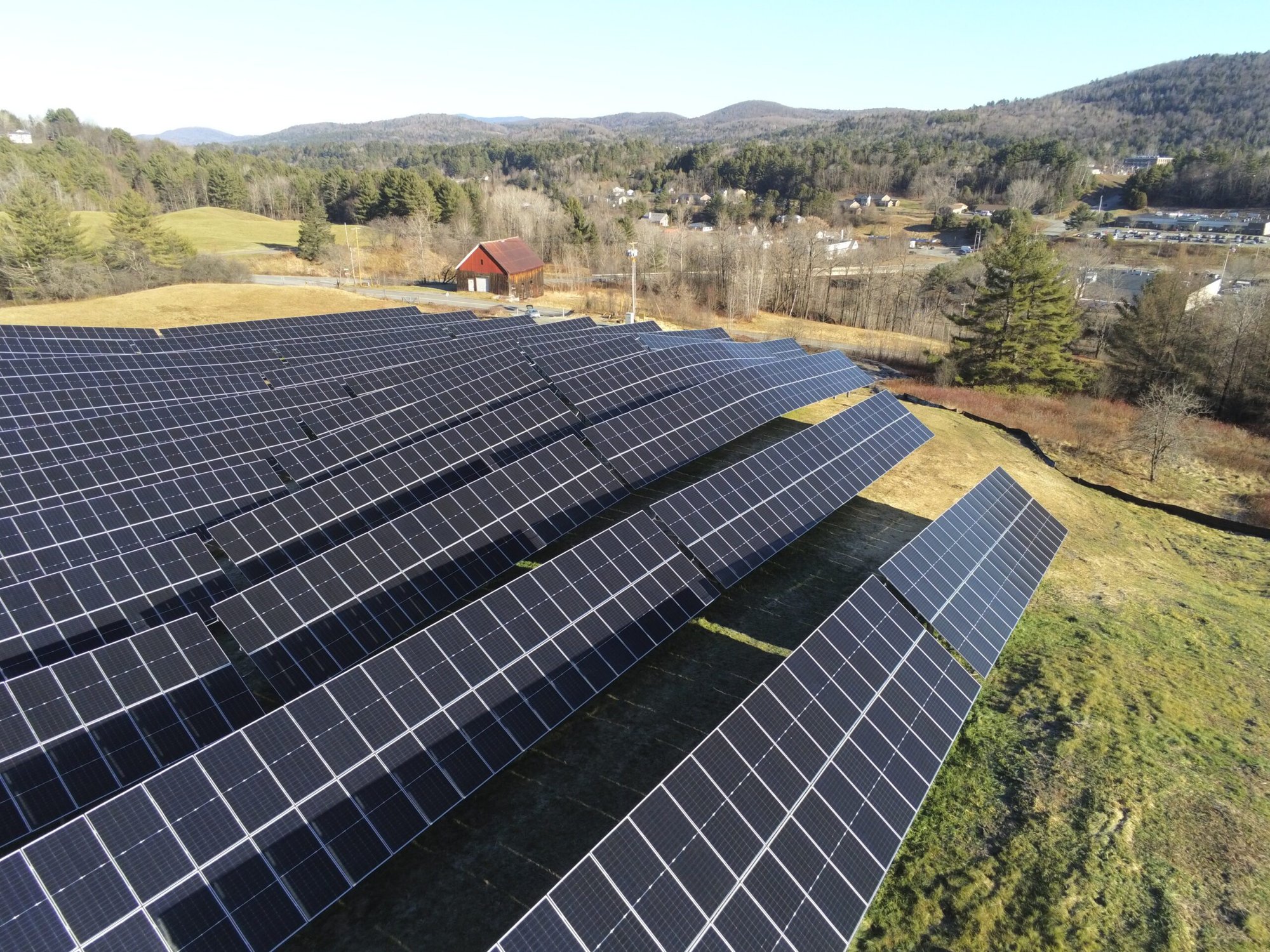 drone photo of a solar array in St Johnsbury