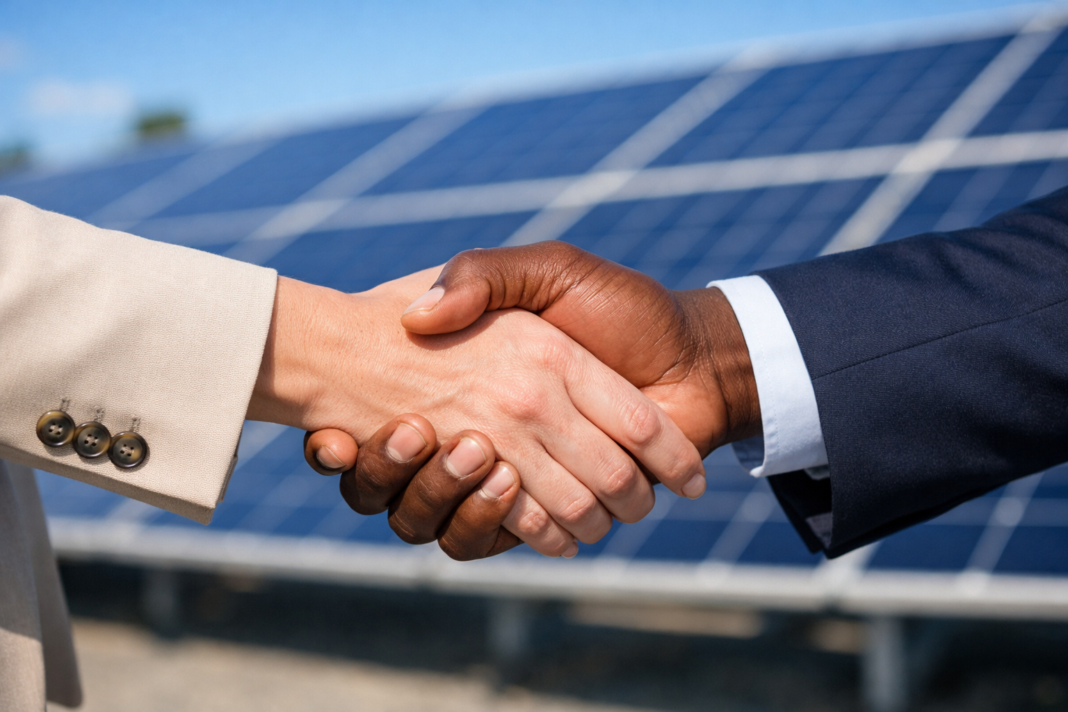 Handshake Between Business Partners at Solar Farm